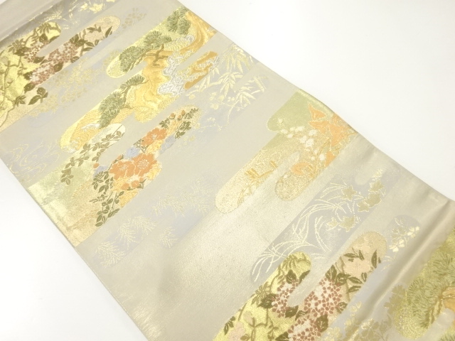 アンティーク　ヱ霞に松・紫陽花・花模様織出し袋帯（材料）
